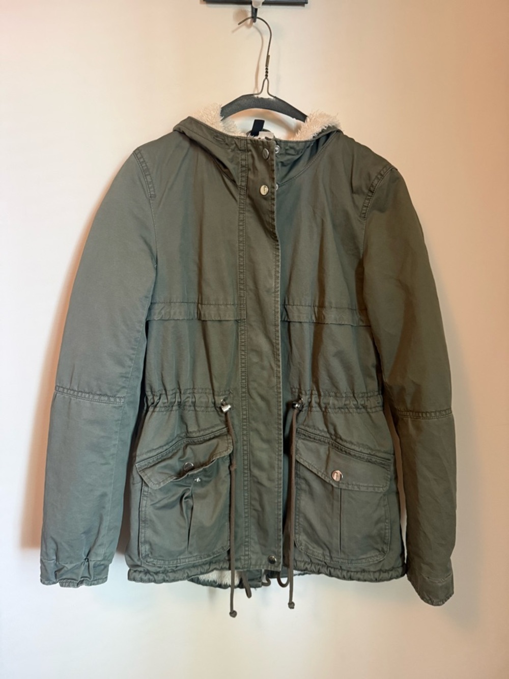 H&M Olive Green Utility Hooded Jacket with Faux Fur Trim
